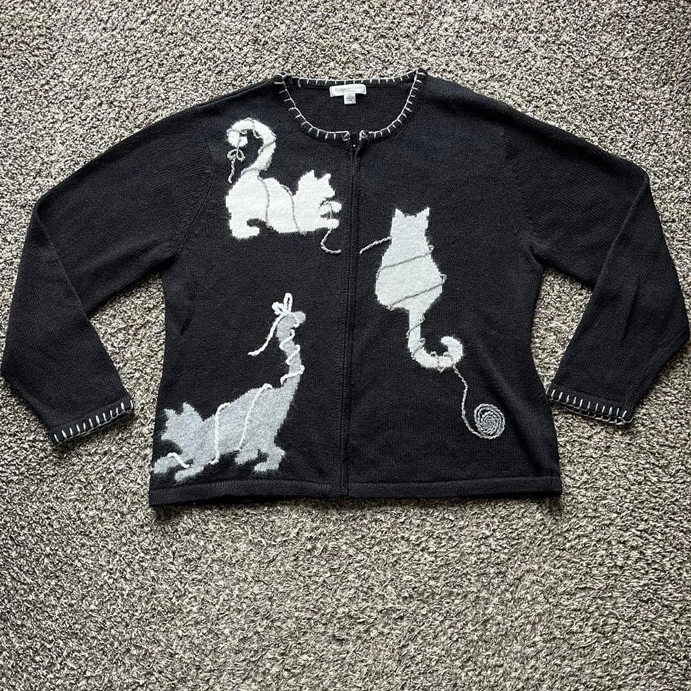 Coldwater Creek Vintage Cat Novelty Zip Up Cardigan Black Knit Sweater Womens 2X